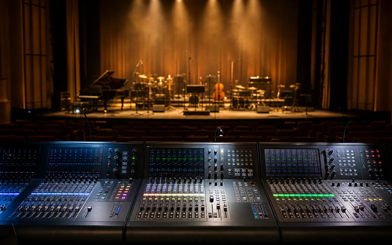 Console digital na posição de FOH diante do palco de um teatro